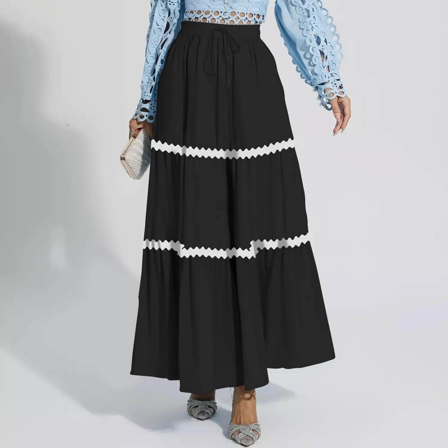 Women's Flowy Maxi Skirt A-Line Tiered Casual Party Ruffle Swing Pleated High Waisted Skirt with Pockets