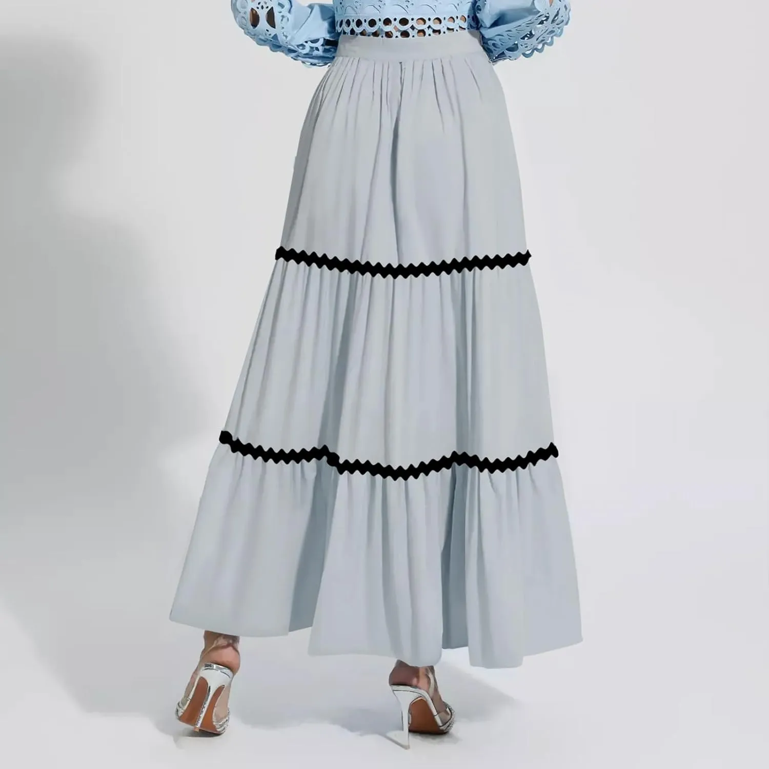 Women's Flowy Maxi Skirt A-Line Tiered Casual Party Ruffle Swing Pleated High Waisted Skirt with Pockets