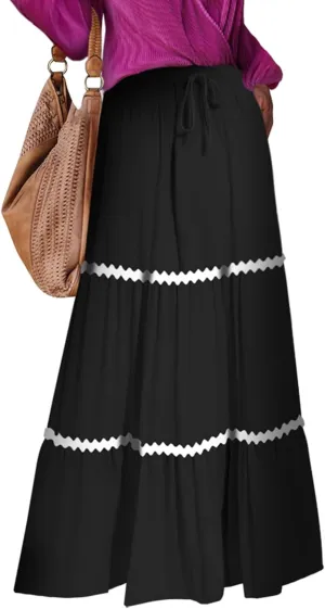 Women's Flowy Maxi Skirt A-Line Tiered Casual Party Ruffle Swing Pleated High Waisted Skirt with Pockets
