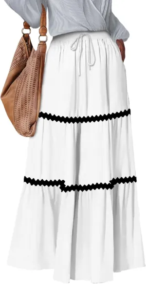 Women's Flowy Maxi Skirt A-Line Tiered Casual Party Ruffle Swing Pleated High Waisted Skirt with Pockets