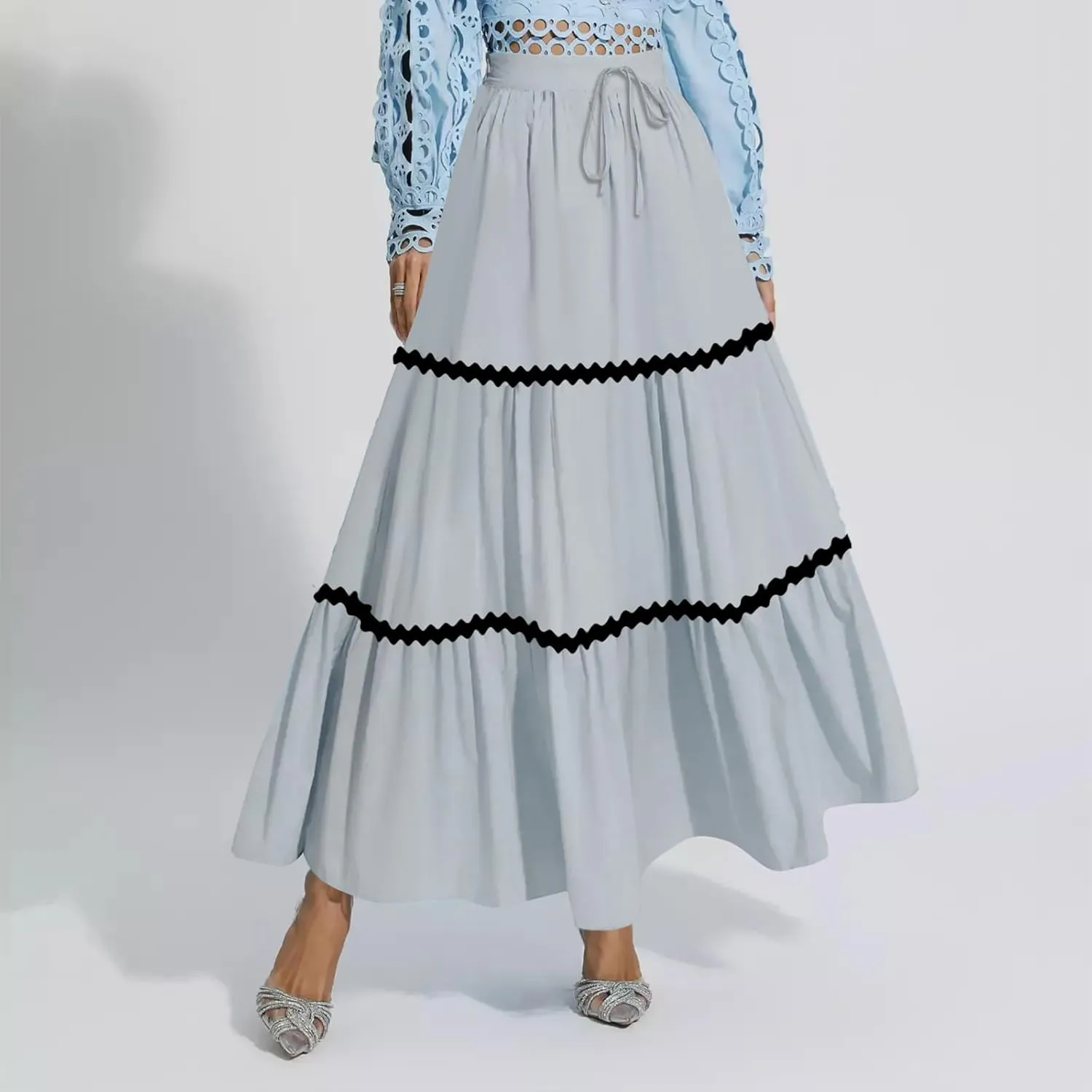 Women's Flowy Maxi Skirt A-Line Tiered Casual Party Ruffle Swing Pleated High Waisted Skirt with Pockets