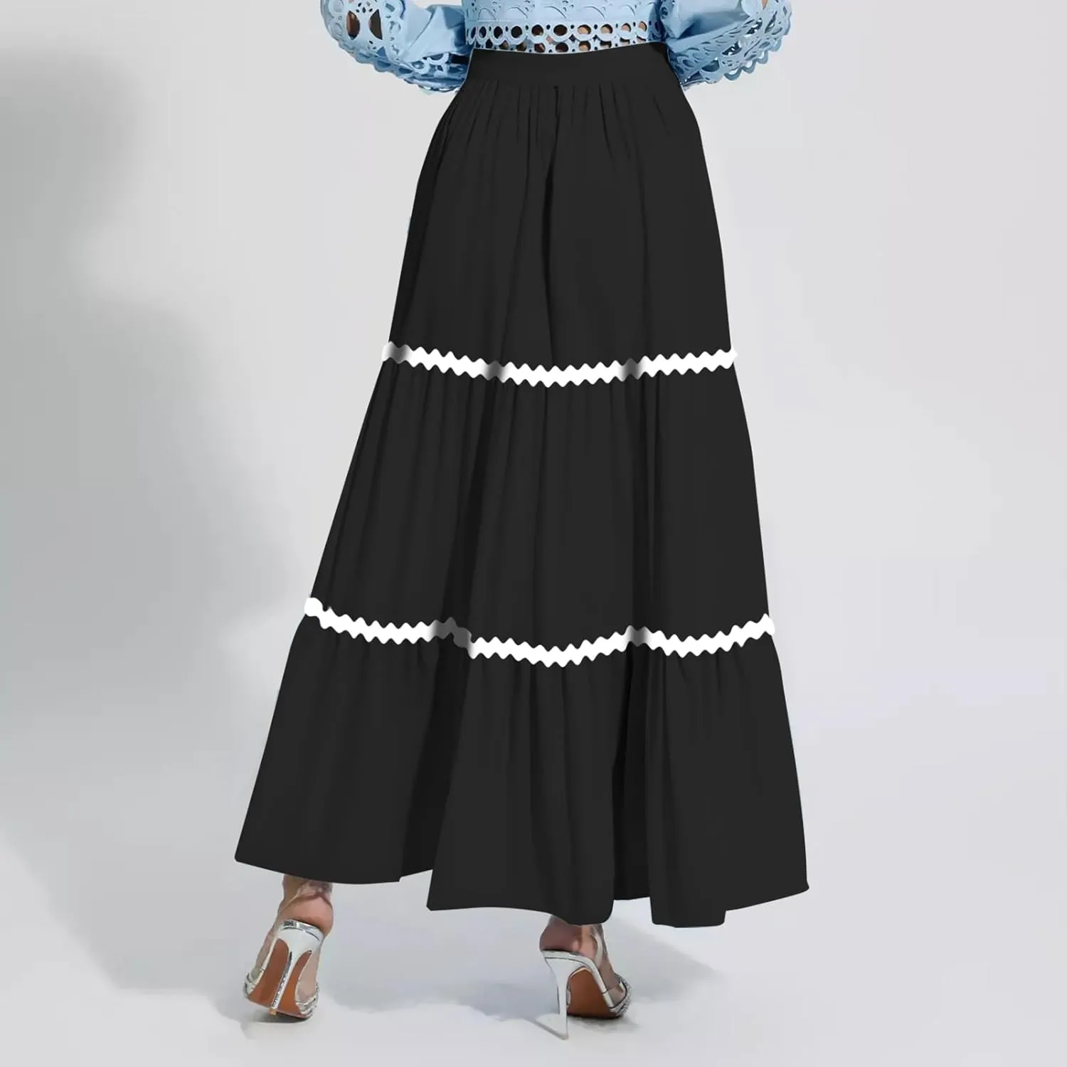 Women's Flowy Maxi Skirt A-Line Tiered Casual Party Ruffle Swing Pleated High Waisted Skirt with Pockets