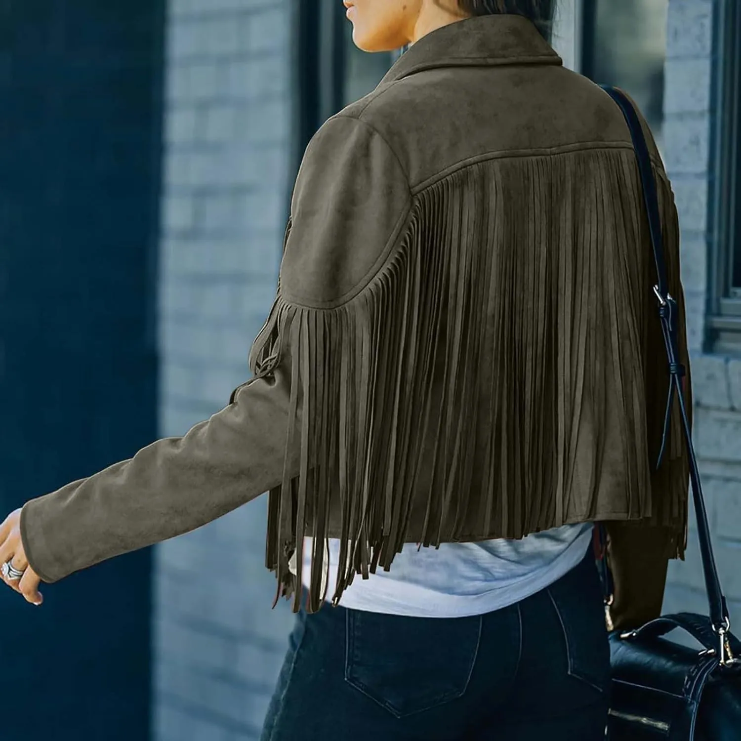 Women's Fringe Faux Suede Leather Jackets Tassel Cropped Coats Western Cowboy Jacket Outerwear Hippie Concert Outfits