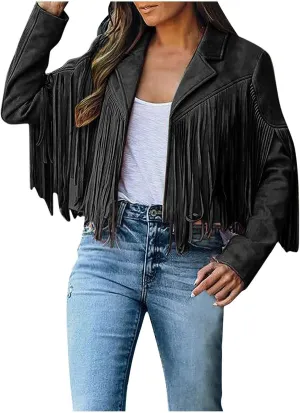 Women's Fringe Faux Suede Leather Jackets Tassel Cropped Coats Western Cowboy Jacket Outerwear Hippie Concert Outfits