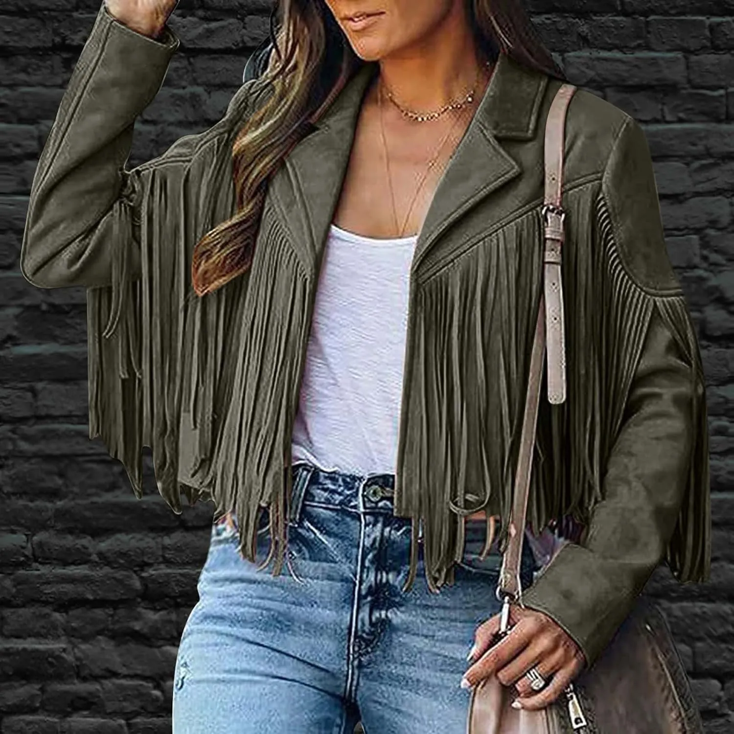 Women's Fringe Faux Suede Leather Jackets Tassel Cropped Coats Western Cowboy Jacket Outerwear Hippie Concert Outfits