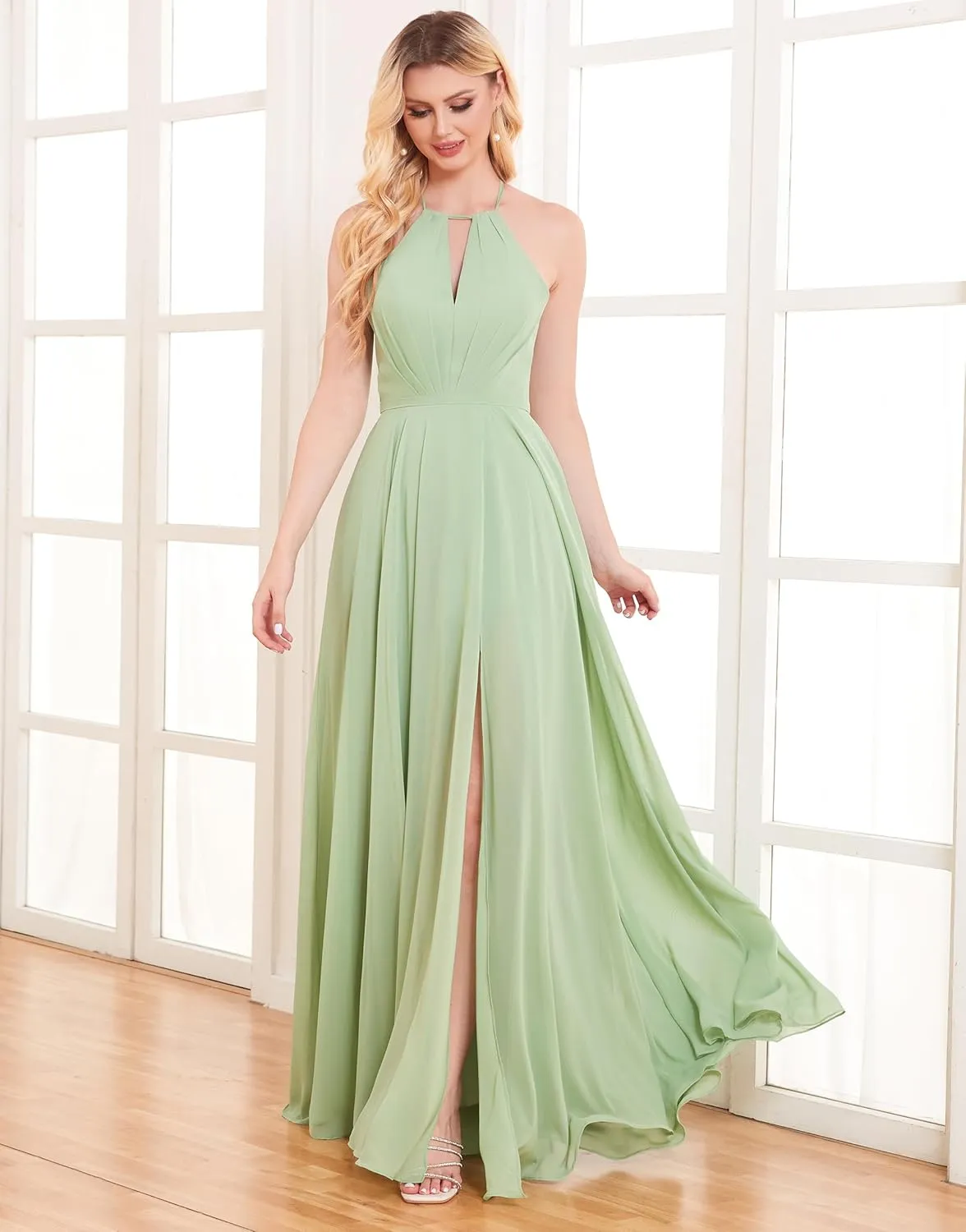 Women's Halter Chiffon Bridesmaid Dresses with Slit Long Pleated Evening Dress Formal Party Gowns
