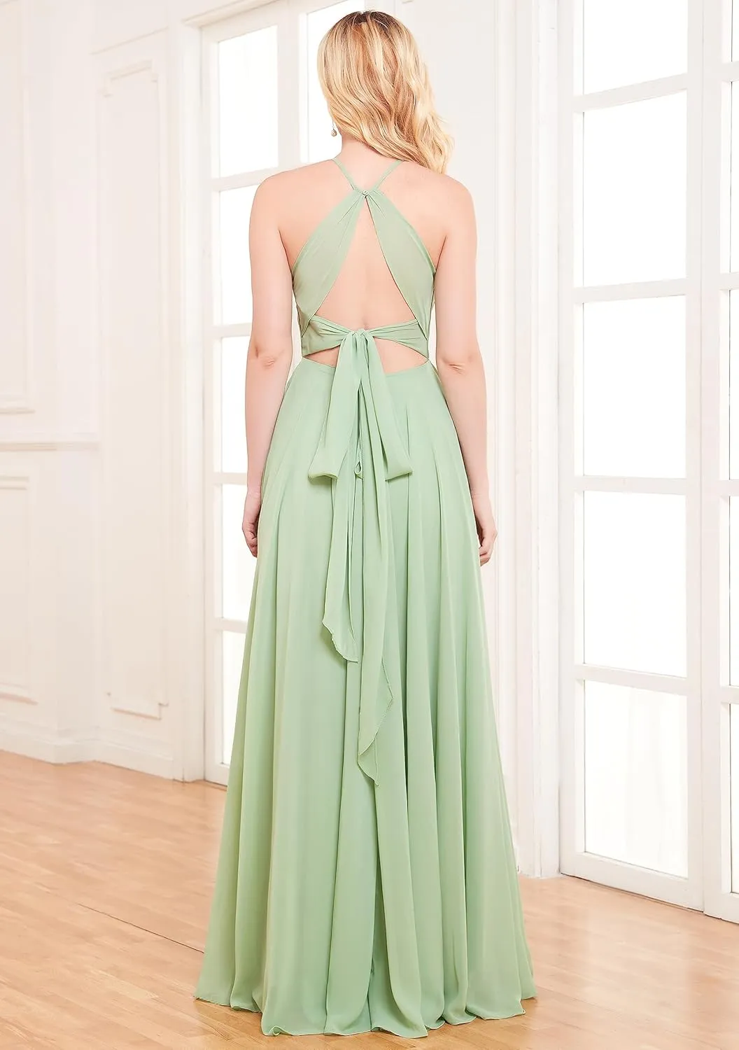 Women's Halter Chiffon Bridesmaid Dresses with Slit Long Pleated Evening Dress Formal Party Gowns