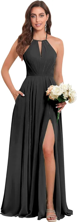 Women's Halter Chiffon Bridesmaid Dresses with Slit Long Pleated Evening Dress Formal Party Gowns
