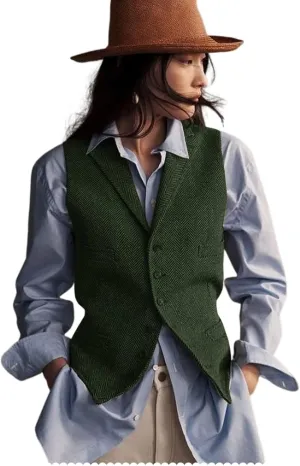 Womens Herringbone Tweed Waistcoat Lapel Sleeveless Blazers V Neck Work Office Suit Vests