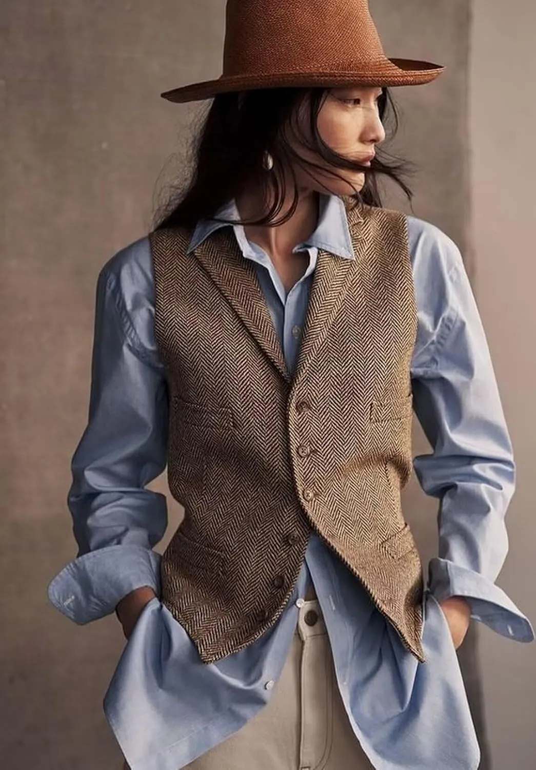 Womens Herringbone Tweed Waistcoat Lapel Sleeveless Blazers V Neck Work Office Suit Vests