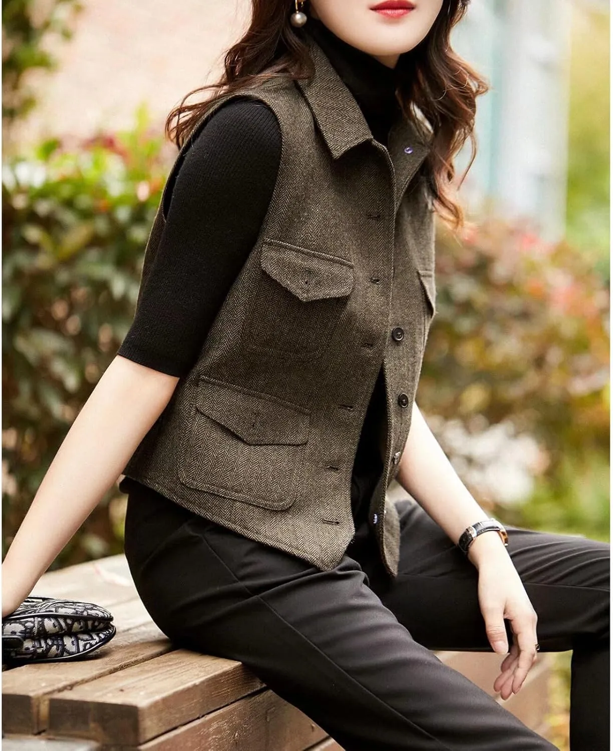 Women's Herringbone Wool Vest Lapel Waistcoat Casual Fashion Sleeveless Jacket Suit vests for Lady