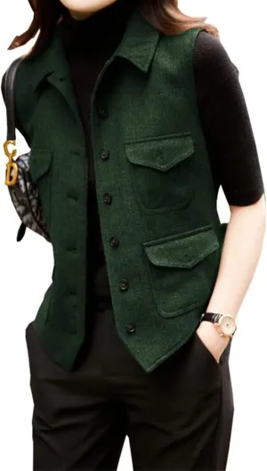 Women's Herringbone Wool Vest Lapel Waistcoat Casual Fashion Sleeveless Jacket Suit vests for Lady
