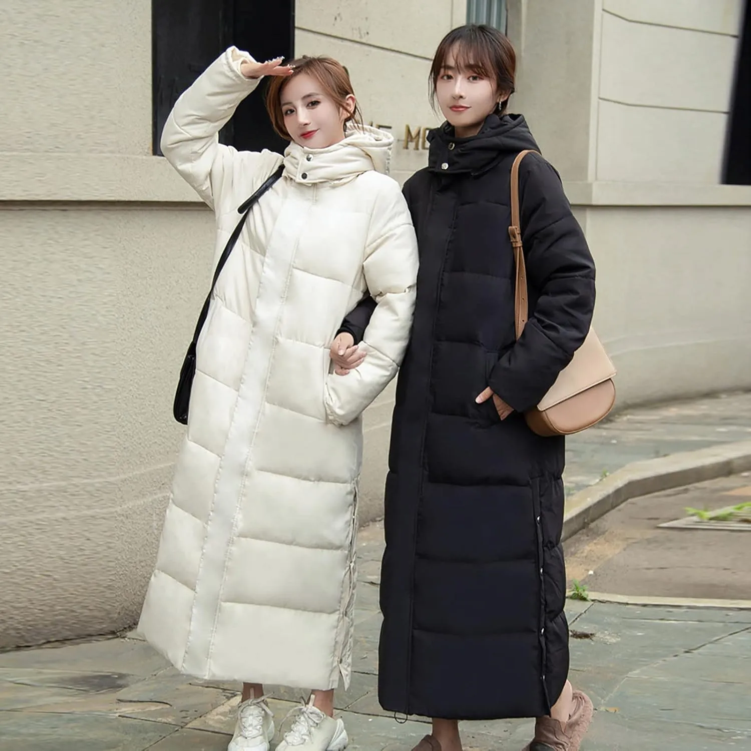 Women's Hooded Long Down Jacket Thickened Maxi Parka Puffer Coat Full Zip Quilted Outerwear with Side Button Hem