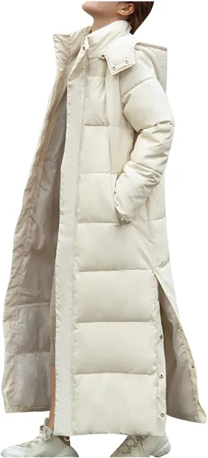 Women's Hooded Long Down Jacket Thickened Maxi Parka Puffer Coat Full Zip Quilted Outerwear with Side Button Hem