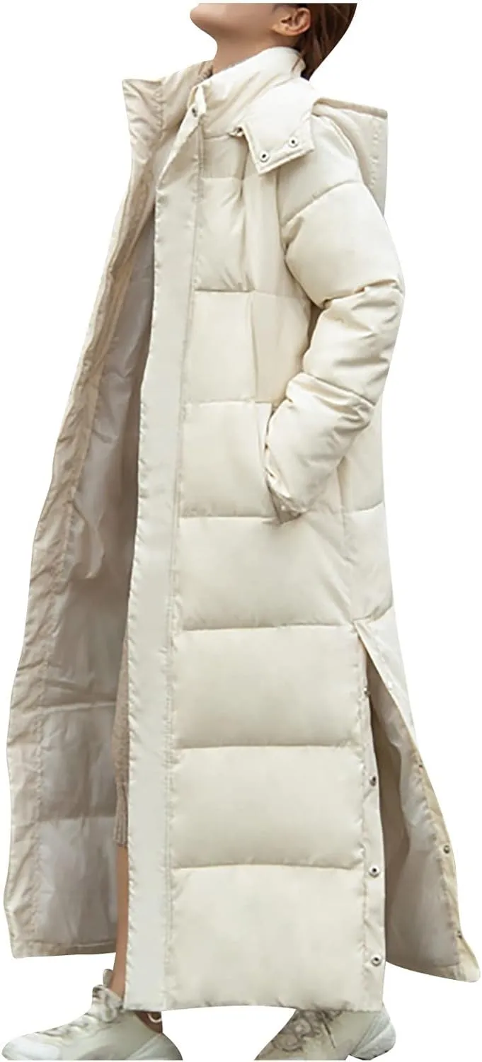 Women's Hooded Long Down Jacket Thickened Maxi Parka Puffer Coat Full Zip Quilted Outerwear with Side Button Hem