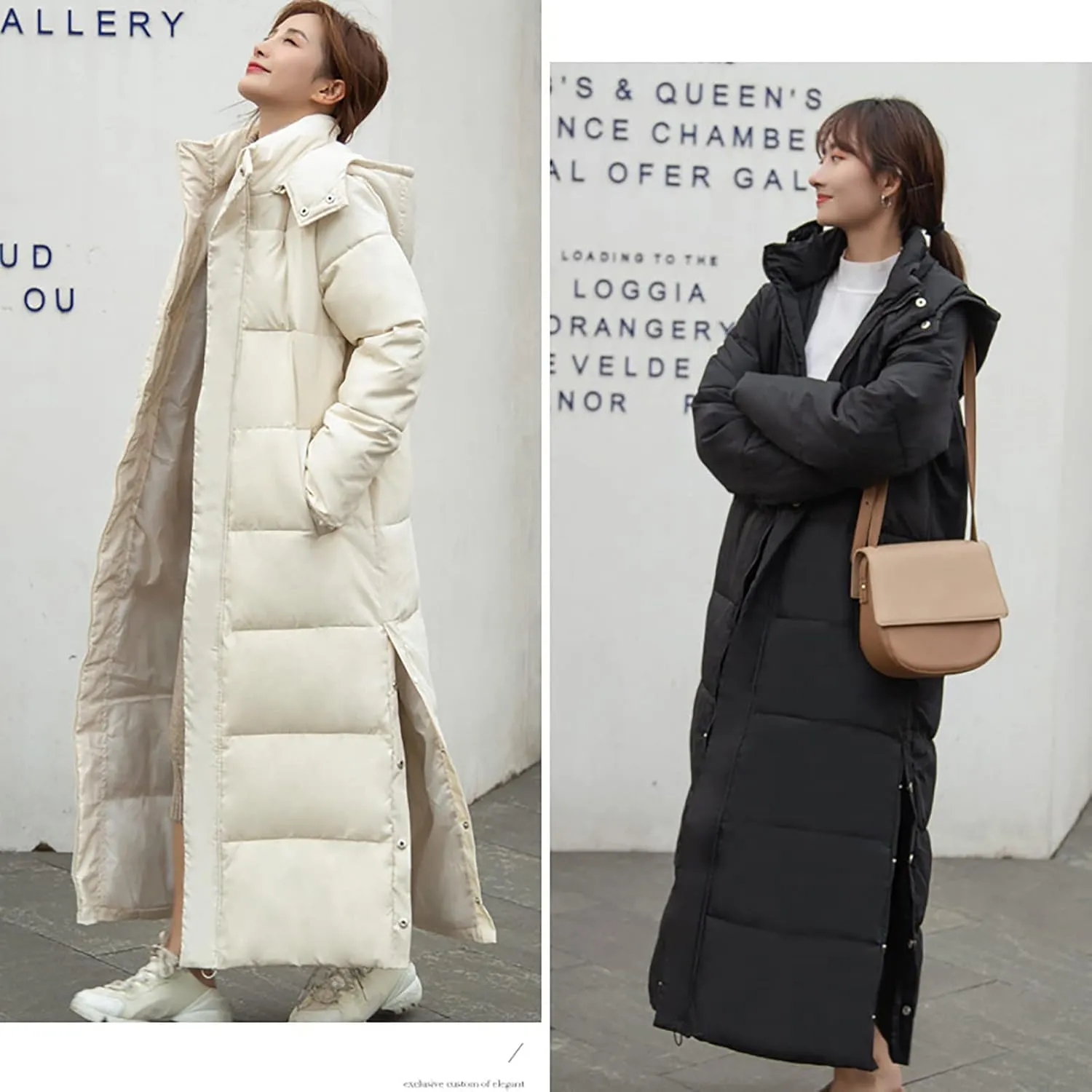 Women's Hooded Long Down Jacket Thickened Maxi Parka Puffer Coat Full Zip Quilted Outerwear with Side Button Hem