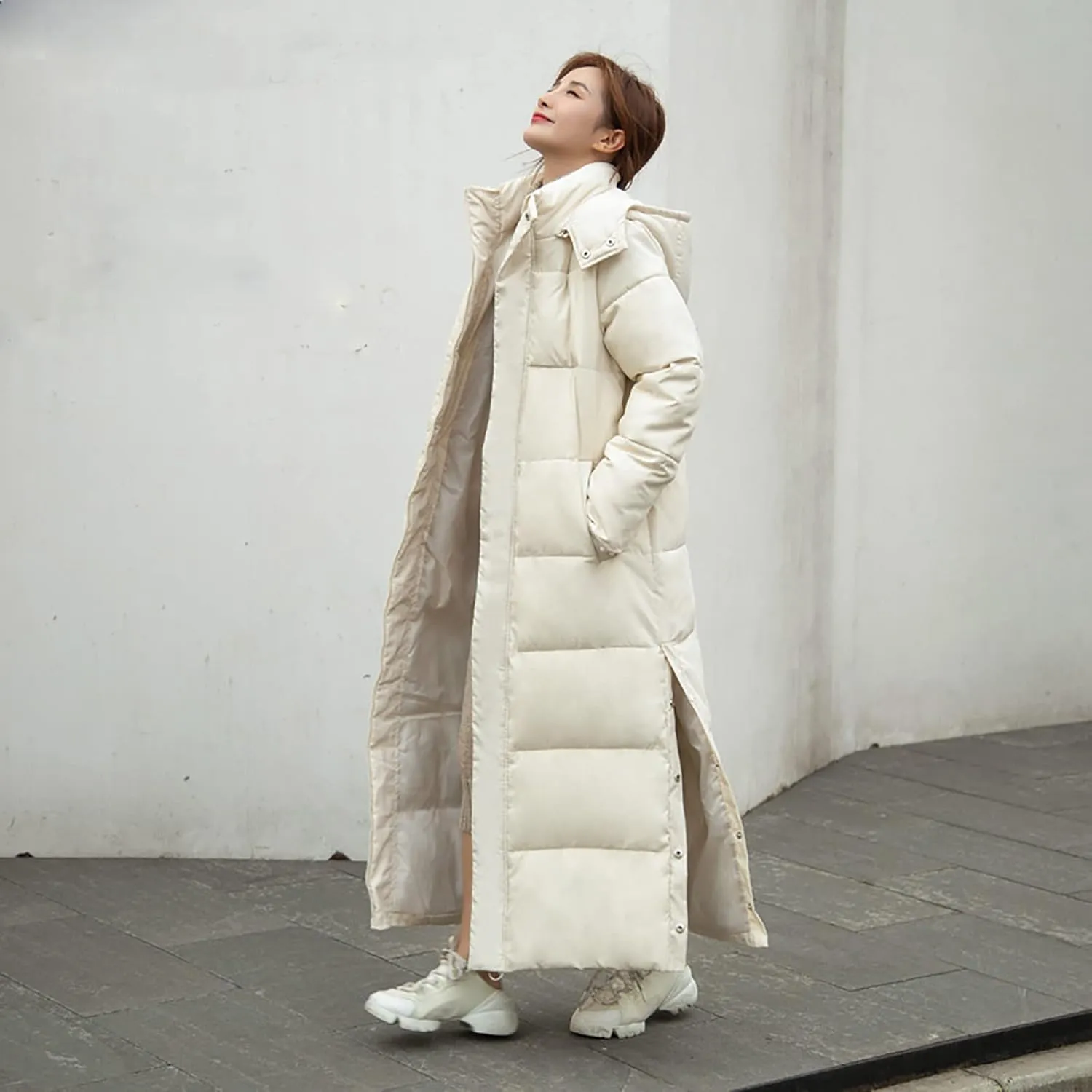 Women's Hooded Long Down Jacket Thickened Maxi Parka Puffer Coat Full Zip Quilted Outerwear with Side Button Hem