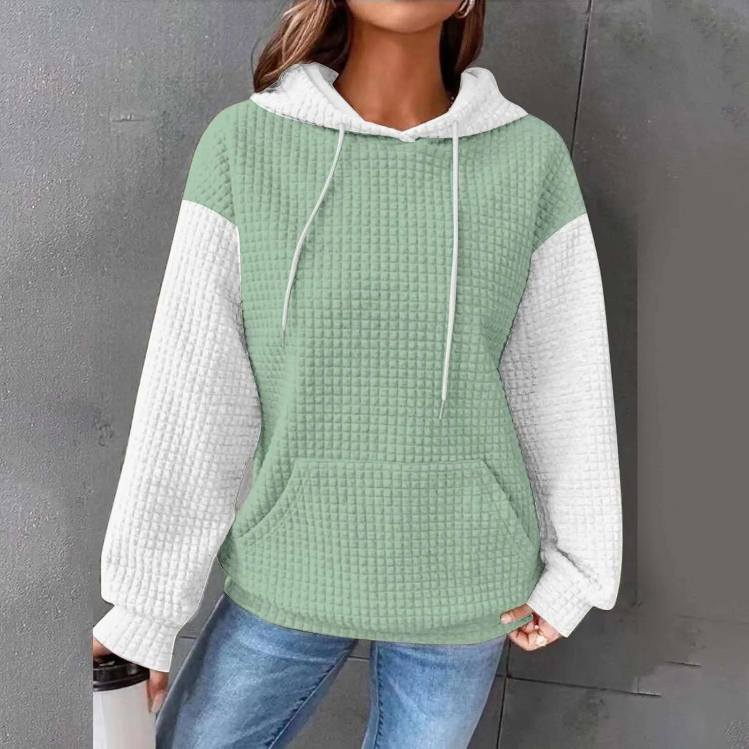 Womens Hoodies Oversized Sweatshirts 2024 Fashion Block Color Casual Crewneck Long Sleeve Loose Fit Winter Clothes