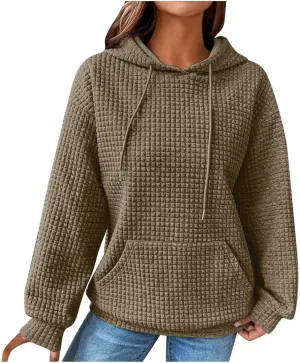 Womens Hoodies Pullover Quilted Long Sleeve Knit Oversized Sweatshirt Fall Drawstring Hooded Sweatshirts with Pocket