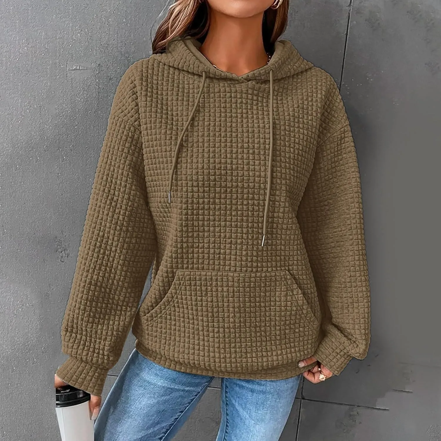 Womens Hoodies Pullover Quilted Long Sleeve Knit Oversized Sweatshirt Fall Drawstring Hooded Sweatshirts with Pocket