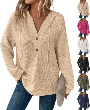 Womens Hoodies Waffle Knit Drawstring Button V Neck Hooded Oversized Sweatshirt Casual Lightweight Pullover Sweater Comfy Long Sleeve Ribbed Cuffs Hoodies Top Fall Clothes for Women 2024 Beige