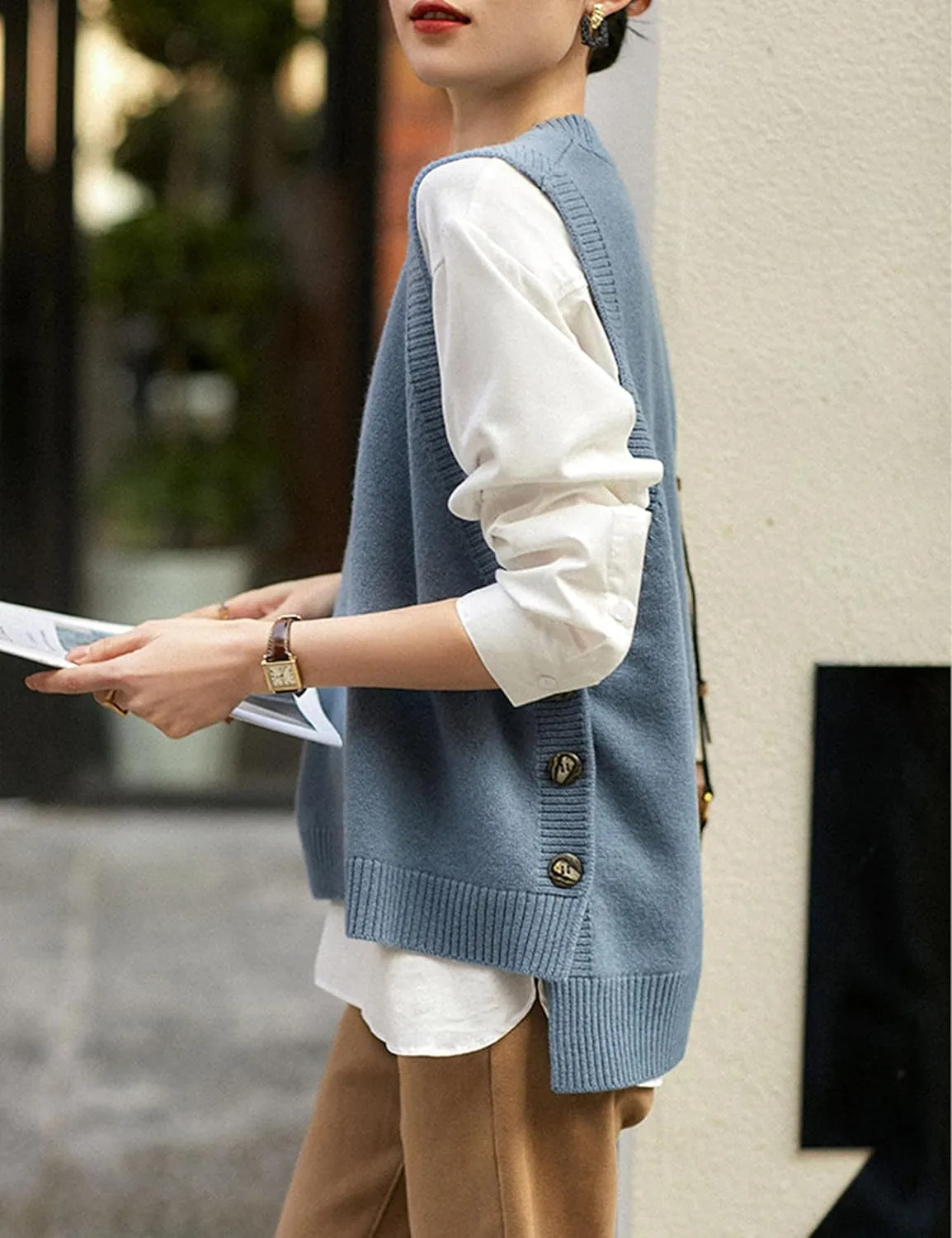 Womens Knit Sweater Vest Side Button Down Pullover Sleeveless V Neck Knit Sweater Vest