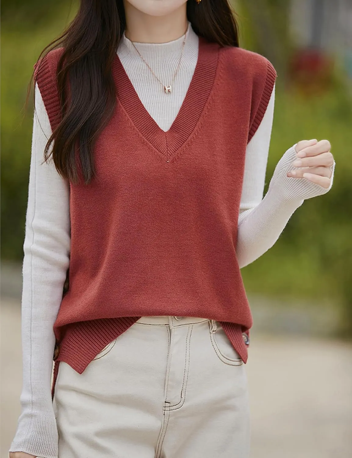 Womens Knit Sweater Vest Side Button Down Pullover Sleeveless V Neck Knit Sweater Vest