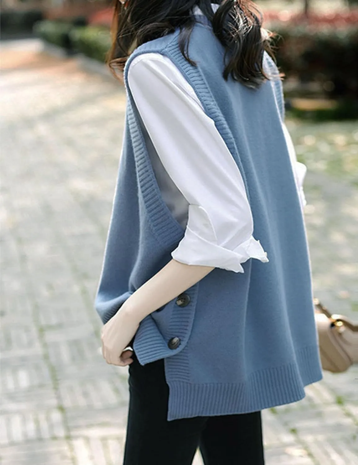 Womens Knit Sweater Vest Side Button Down Pullover Sleeveless V Neck Knit Sweater Vest