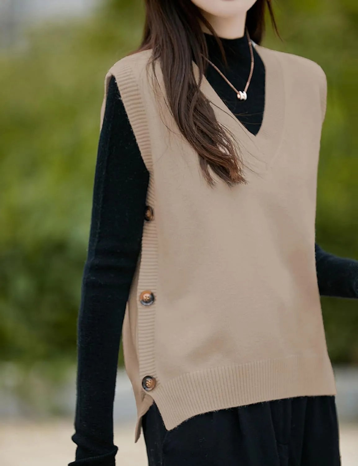 Womens Knit Sweater Vest Side Button Down Pullover Sleeveless V Neck Knit Sweater Vest