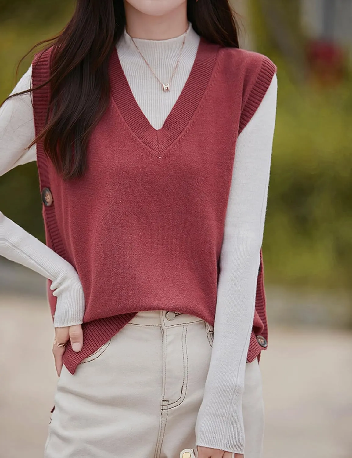 Womens Knit Sweater Vest Side Button Down Pullover Sleeveless V Neck Knit Sweater Vest