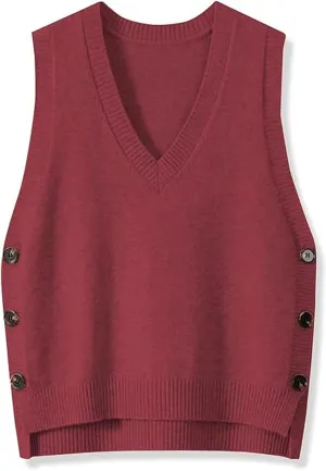 Womens Knit Sweater Vest Side Button Down Pullover Sleeveless V Neck Knit Sweater Vest