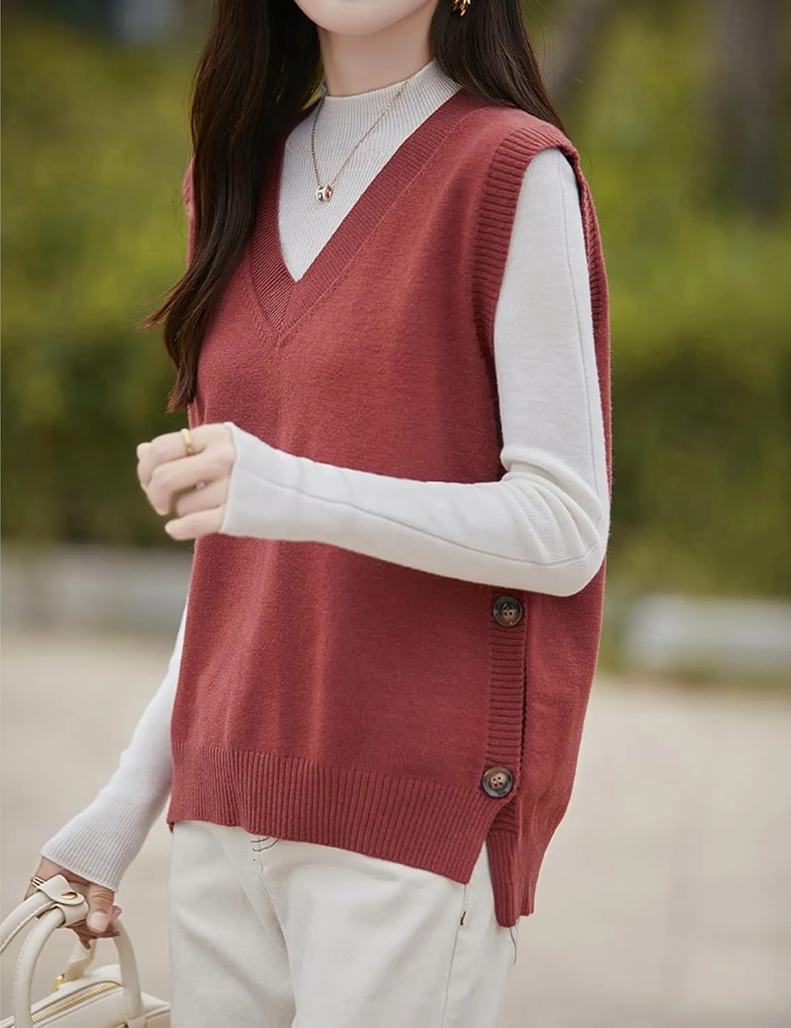 Womens Knit Sweater Vest Side Button Down Pullover Sleeveless V Neck Knit Sweater Vest