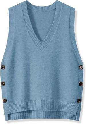 Womens Knit Sweater Vest Side Button Down Pullover Sleeveless V Neck Knit Sweater Vest