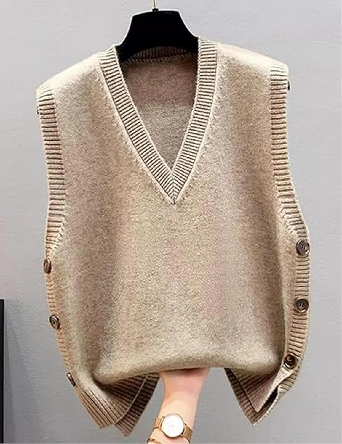 Womens Knit Sweater Vest Side Button Down Pullover Sleeveless V Neck Knit Sweater Vest