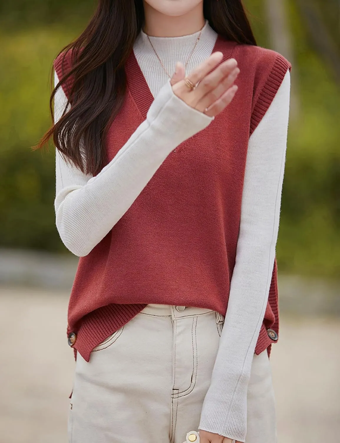 Womens Knit Sweater Vest Side Button Down Pullover Sleeveless V Neck Knit Sweater Vest