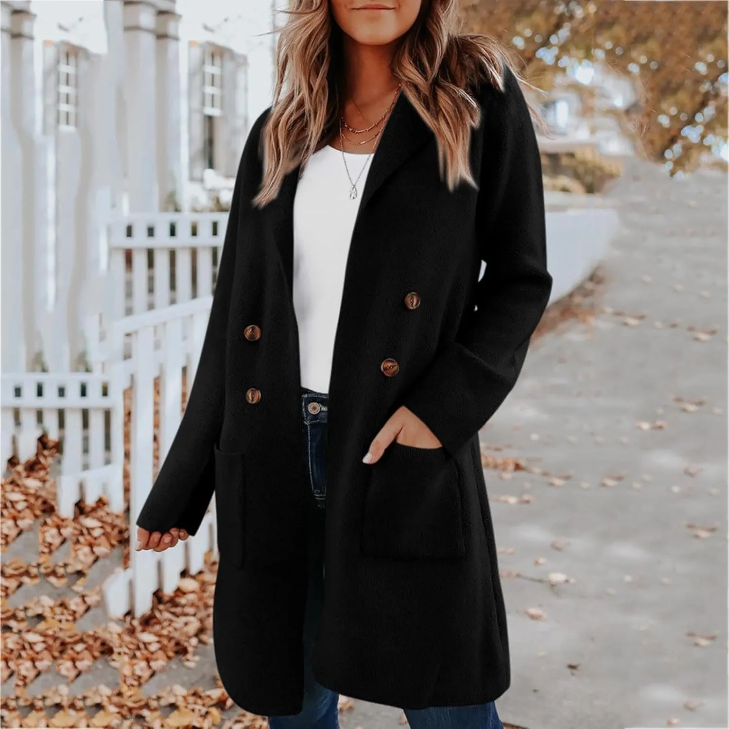 Womens Light Weight Wool Blend Coat Wool Double Breasted Pea Coats Notch Lapel Trench Coat Trendy Long Winter Coats