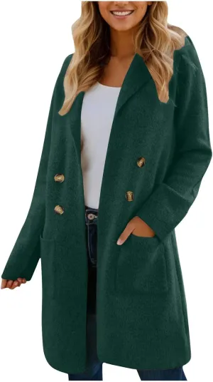 Womens Light Weight Wool Blend Coat Wool Double Breasted Pea Coats Notch Lapel Trench Coat Trendy Long Winter Coats