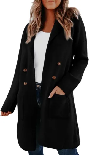 Womens Light Weight Wool Blend Coat Wool Double Breasted Pea Coats Notch Lapel Trench Coat Trendy Long Winter Coats