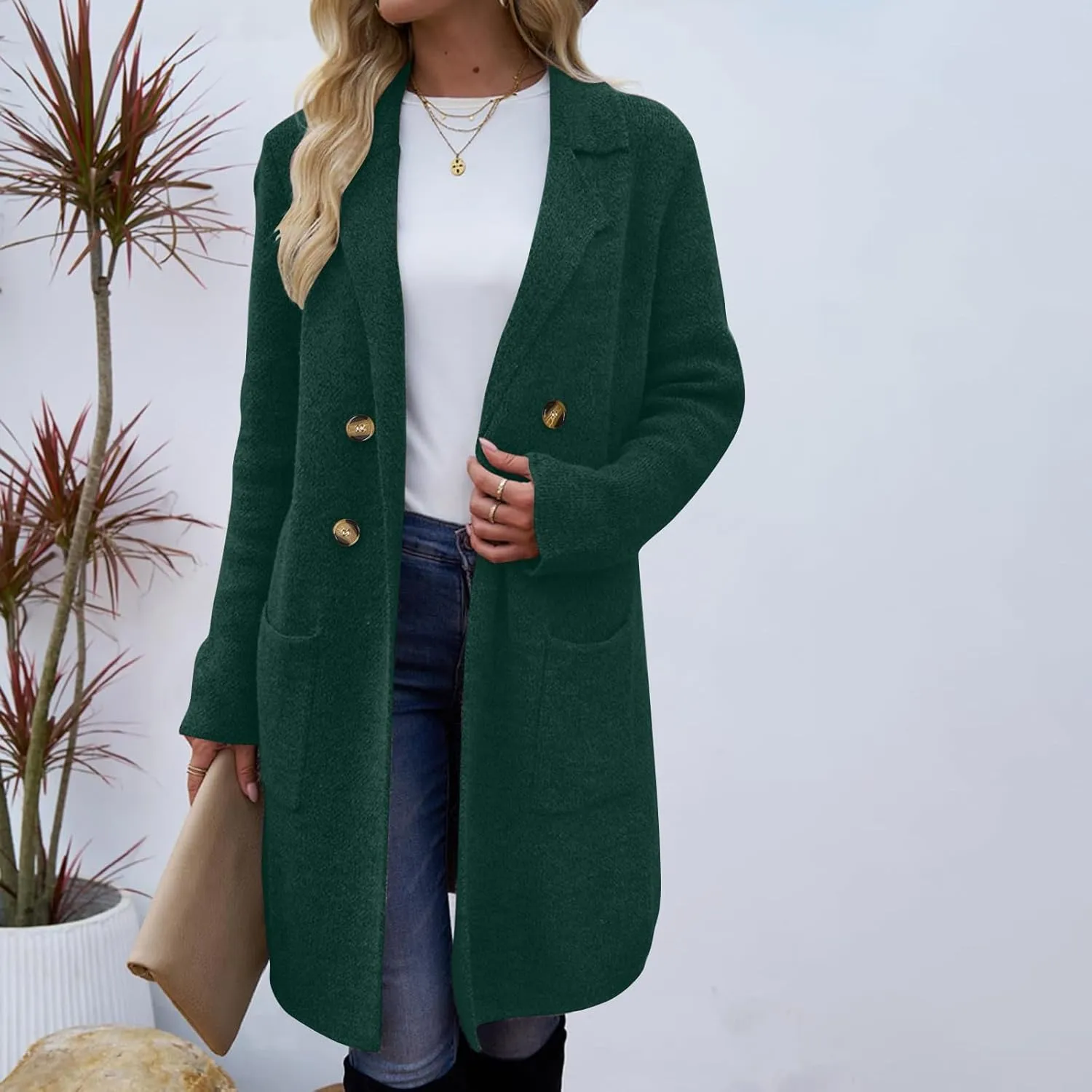 Womens Light Weight Wool Blend Coat Wool Double Breasted Pea Coats Notch Lapel Trench Coat Trendy Long Winter Coats