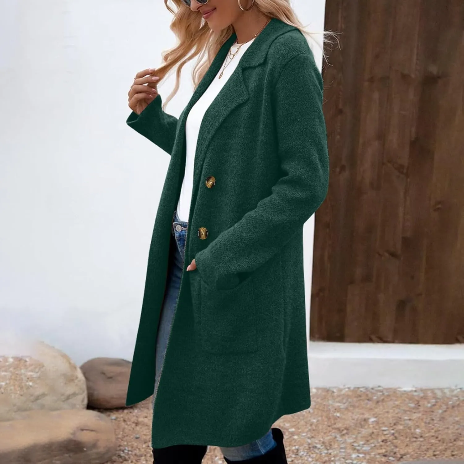 Womens Light Weight Wool Blend Coat Wool Double Breasted Pea Coats Notch Lapel Trench Coat Trendy Long Winter Coats