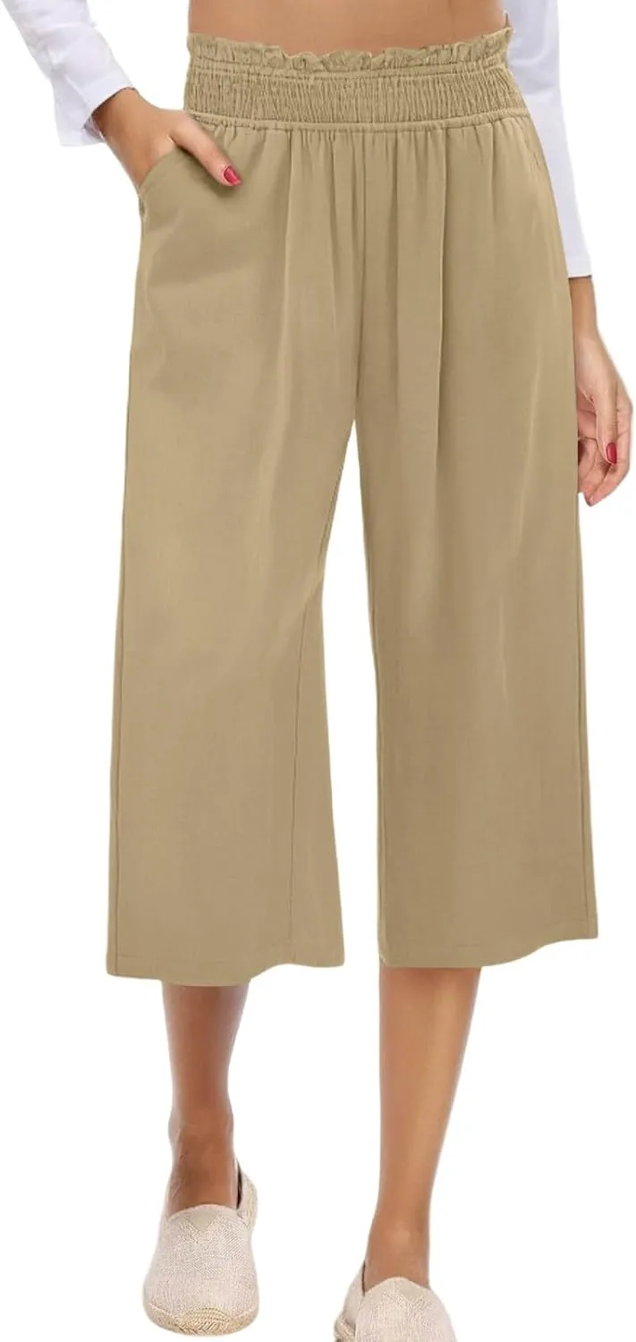 Womens Linen Capri Pants Smocked Elastic Waisted Cropped Palazzo Trousers Casual Flowy Summer Beach Pants with Pockets
