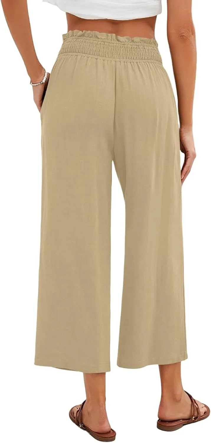 Womens Linen Capri Pants Smocked Elastic Waisted Cropped Palazzo Trousers Casual Flowy Summer Beach Pants with Pockets