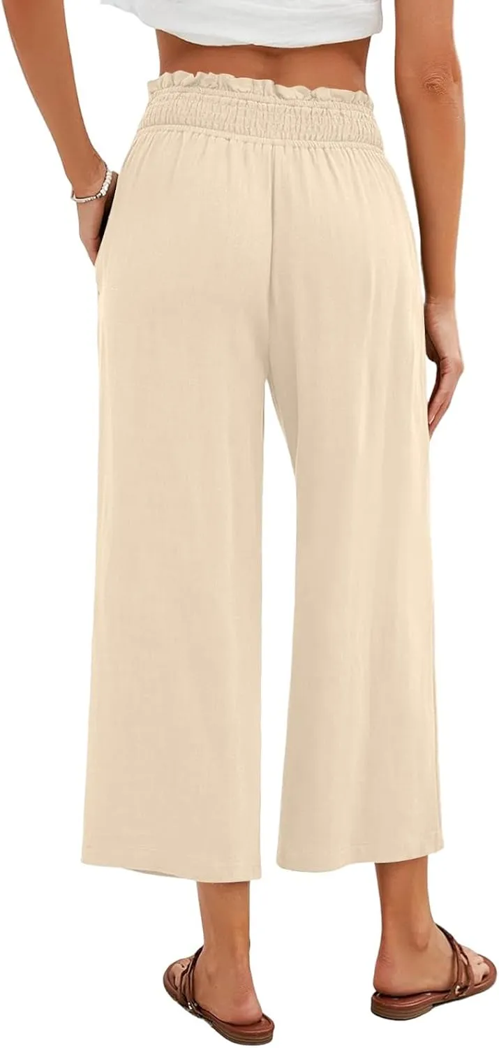 Womens Linen Capri Pants Smocked Elastic Waisted Cropped Palazzo Trousers Casual Flowy Summer Beach Pants with Pockets
