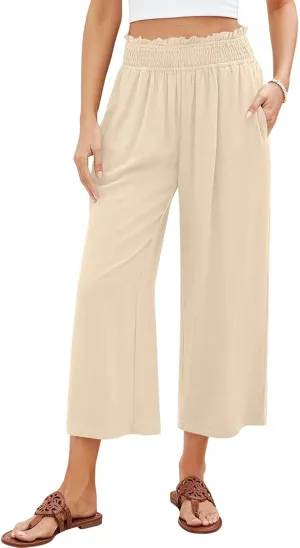 Womens Linen Capri Pants Smocked Elastic Waisted Cropped Palazzo Trousers Casual Flowy Summer Beach Pants with Pockets