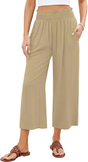 Womens Linen Capri Pants Smocked Elastic Waisted Cropped Palazzo Trousers Casual Flowy Summer Beach Pants with Pockets