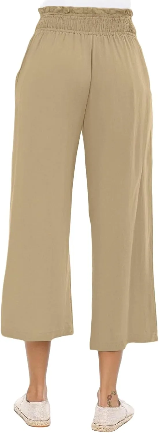 Womens Linen Capri Pants Smocked Elastic Waisted Cropped Palazzo Trousers Casual Flowy Summer Beach Pants with Pockets