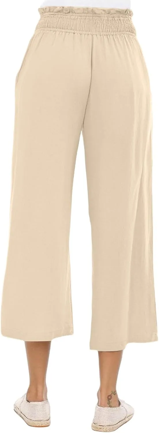 Womens Linen Capri Pants Smocked Elastic Waisted Cropped Palazzo Trousers Casual Flowy Summer Beach Pants with Pockets
