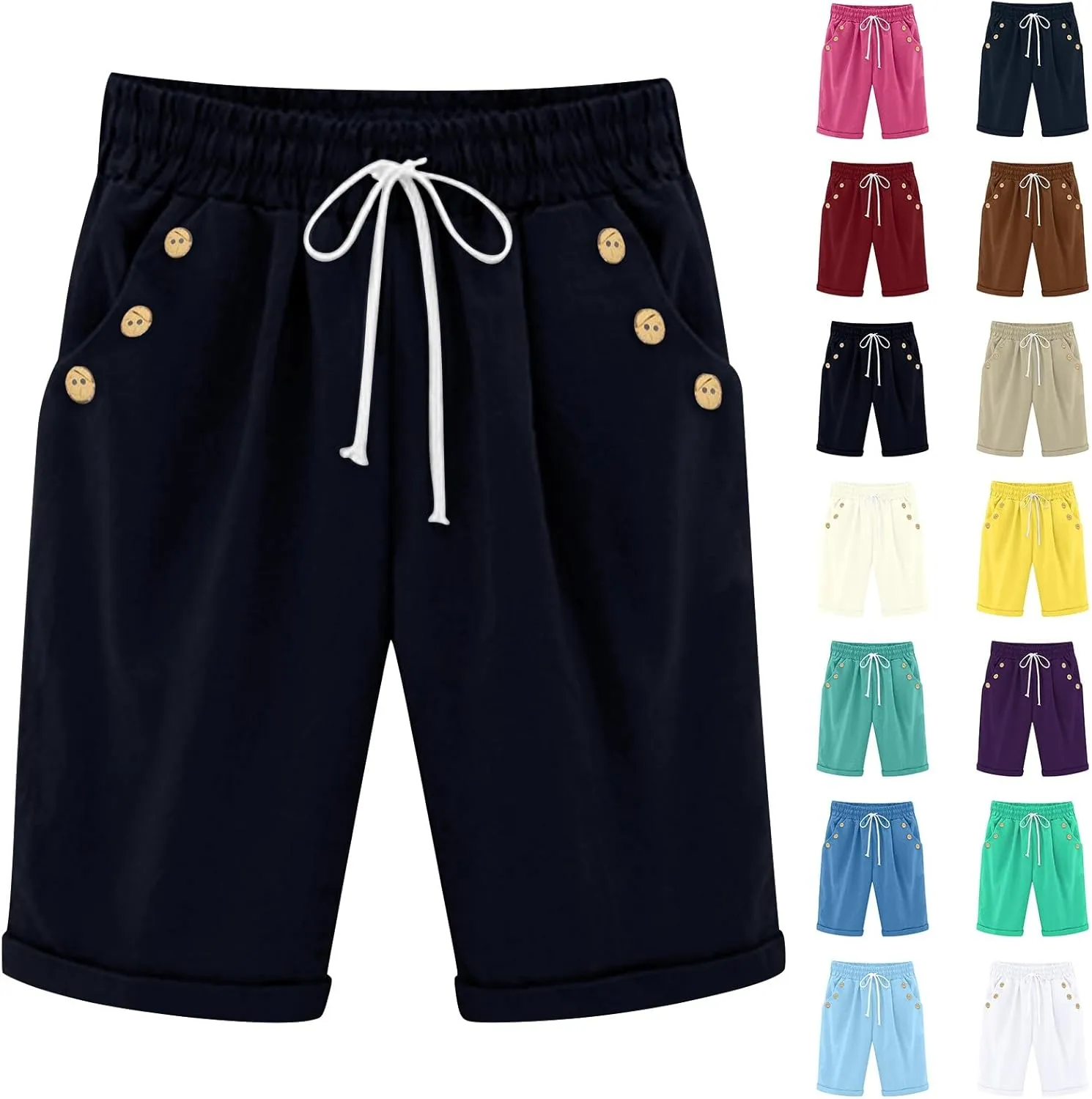 Womens Linen Capris with Pockets Loose Fit Casual Capri Pants Dressy Lightweight Ladies Baggy Cargo Beach Shorts