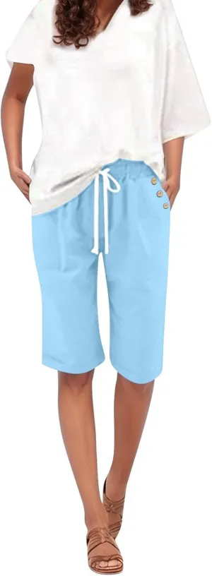 Womens Linen Capris with Pockets Loose Fit Casual Capri Pants Dressy Lightweight Ladies Baggy Cargo Beach Shorts