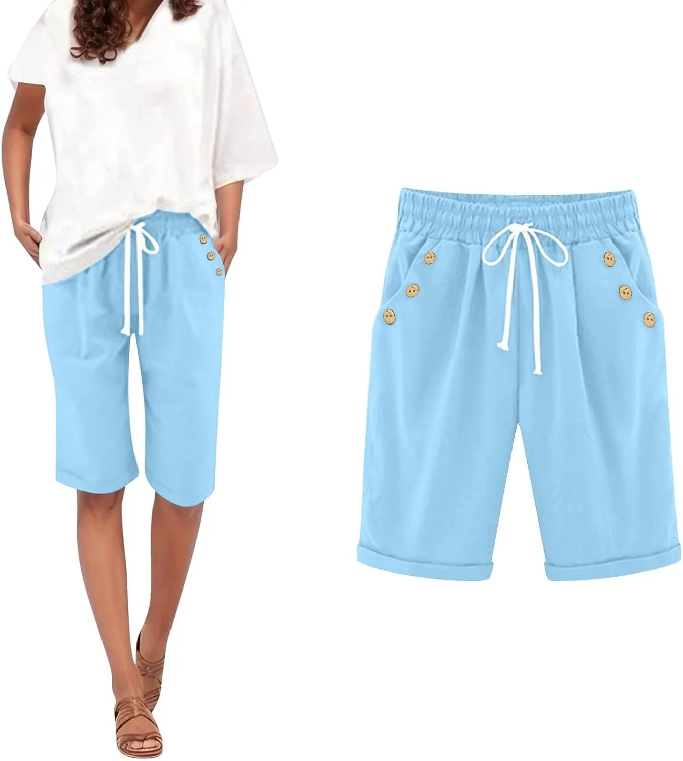 Womens Linen Capris with Pockets Loose Fit Casual Capri Pants Dressy Lightweight Ladies Baggy Cargo Beach Shorts